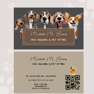 Carte De Visite Petit chien Walker Groomer QR Code gris