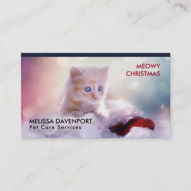 Carte De Visite Petit Kitten reposant sur un chapeau de Noël Meowy (Devant)