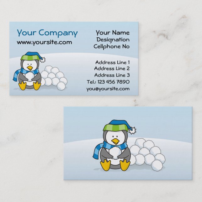 Carte De Visite Petit pingouin assis avec des boules de neige (Devant / Derrière)