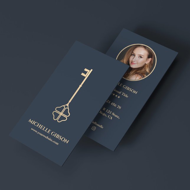 Carte De Visite Petit Realtor Lucky Key Photo Charcoal Blue (Minimal Realtor Lucky Key Photo Charcoal Blue Business Card
)