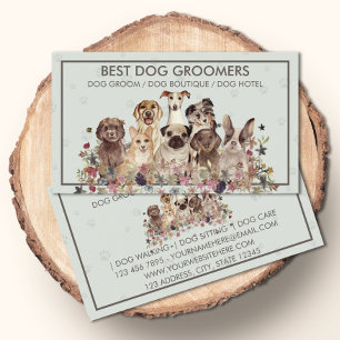 Carte De Visite PetSitter chiens assis fleurs vétérinaire rétro