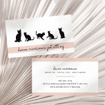 Carte De Visite Petsitter Silhouette Chat<br><div class="desc">Les cartes de visite uniques et modernes de la garde d'animaux de compagnie disposent de cinq silhouettes de chat en noir, avec votre nom ou nom d'entreprise sous en script blanc sur une bande rose pâle. Ajoutez vos coordonnées complètes à l'arrière. Un choix mignon et unique pour les entreprises de...</div>