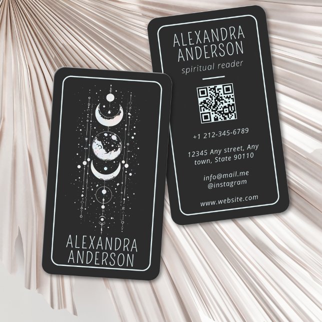Carte De Visite Phases de lune céleste Code QR holistique mystique (Celestial Moon Phases Mystical Holistic Spiritual Business Card)