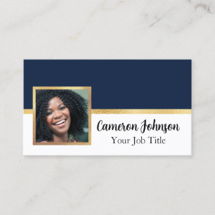 Carte De Visite Photo avec Elegant Script et Gold sur Navy Blue