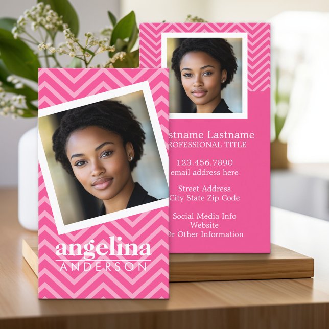 Carte De Visite Photo avec Hot Pink Chevron Motif Nom personnalisé (Custom Business Cards)