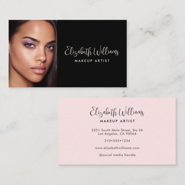 Carte De Visite Photo Black Blush Pink Photo Script Makeup Artist (Devant / Derrière)