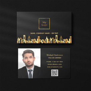 Carte De Visite Photo black gold skyline real estate QR code