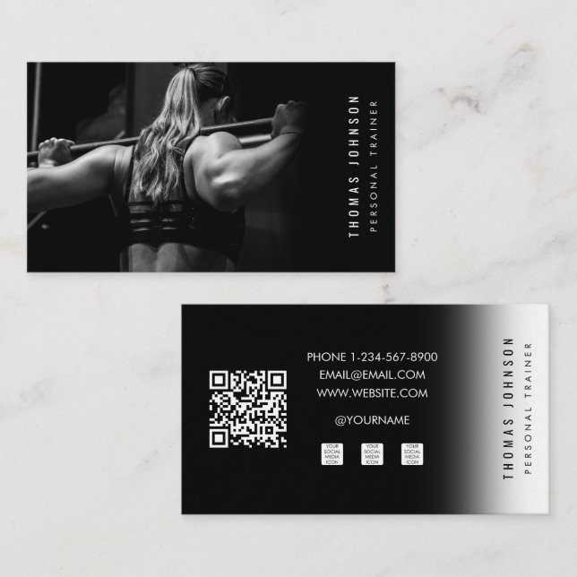 Carte De Visite Photo Black White Personal Trainer Fitness Photo (Devant / Derrière)
