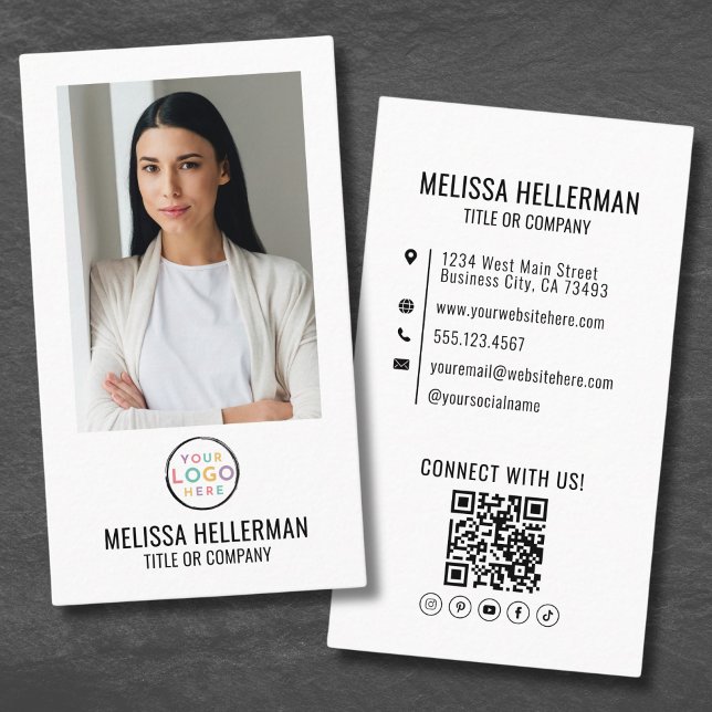 Carte De Visite Photo blanche générique Code QR Logo vertical (Blush Pink Minimalist Photo QR Code Logo Vertical Business Card)