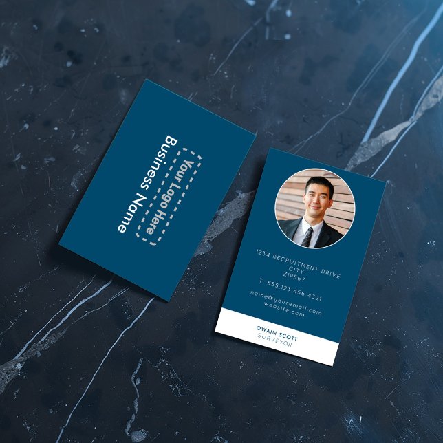 Carte De Visite Photo bleue moderne avec votre logo (Photo and minimalist look with modern bold colours business card.)