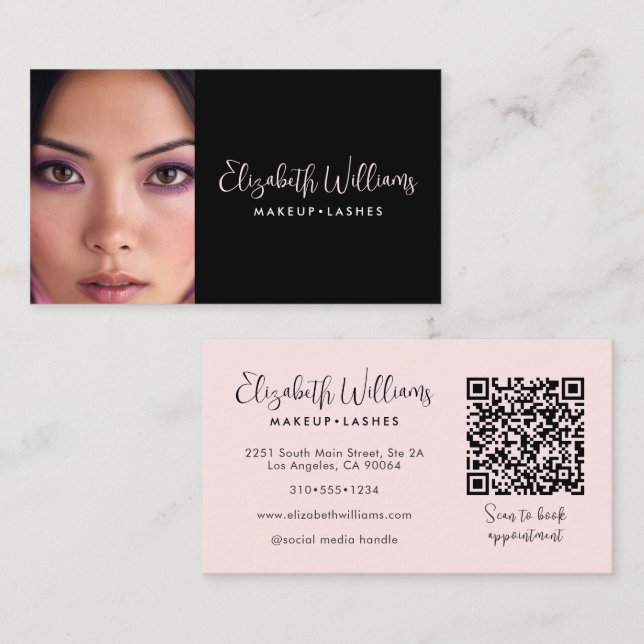 Carte De Visite Photo Blush Pink Script Black QR Code Makeup Chic (Devant / Derrière)