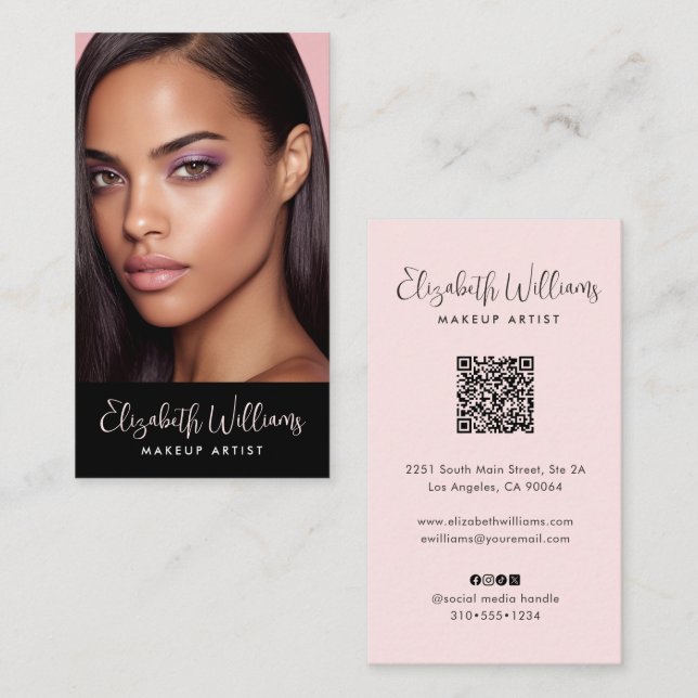 Carte De Visite Photo Blush Pink Script Black Social Icon QR Code (Devant / Derrière)