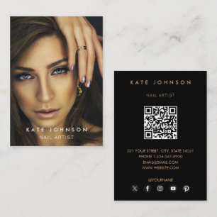 Carte De Visite Photo Clou Artiste Salon QR Code Social Media Blac