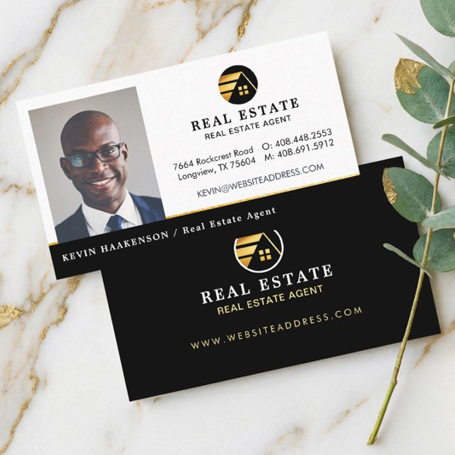 Carte De Visite Photo d'agent immobilier professionnel Or Noir (Black Gold Professional Real Estate Agent Photo Business Card)