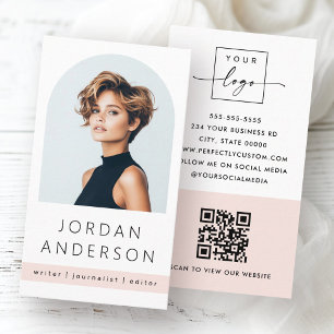 Carte De Visite Photo d'archive moderne minimale rose pâle logo QR