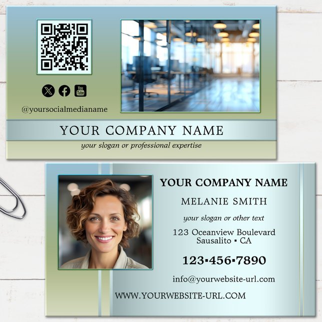 Carte De Visite Photo de bureau moderne bleu vert  (Business card in beautiful green blue colors, featuring your logo, social media, QR code and photos)