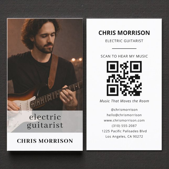 Carte De Visite Photo de code QR de musicien guitariste électrique (Créateur téléchargé)