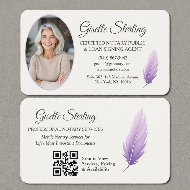 Carte De Visite Photo de code QR de notaire violet  (Créateur téléchargé)