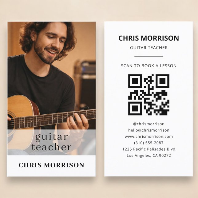 Carte De Visite Photo de code QR de professeur de guitare (Créateur téléchargé)