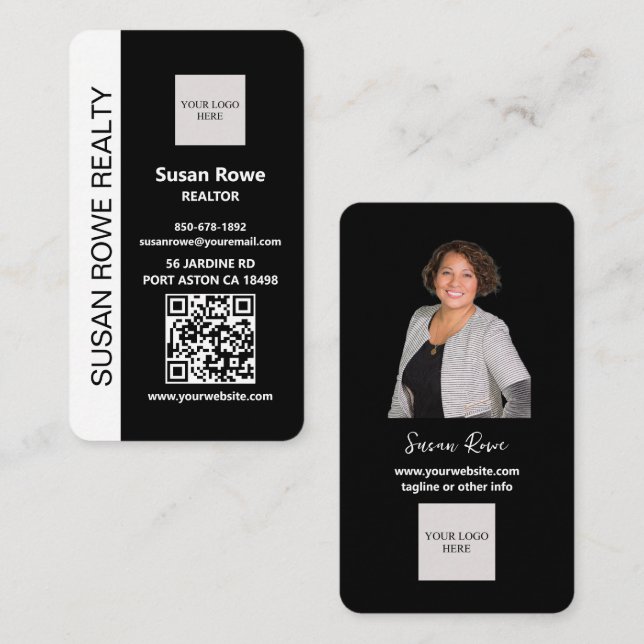 Carte De Visite Photo de code QR noir et blanc moderne (Devant / Derrière)