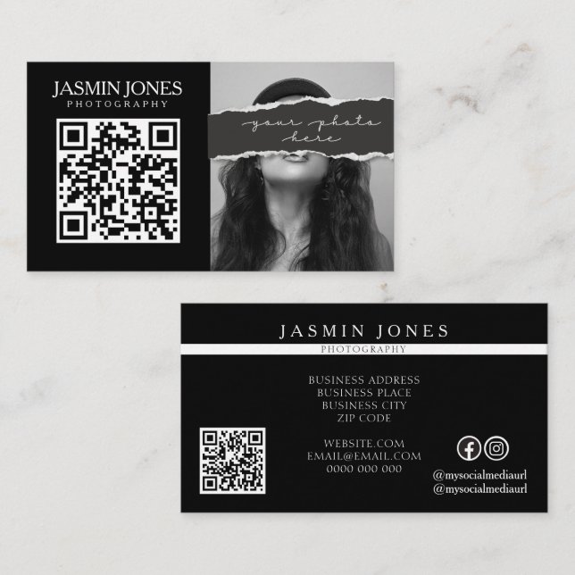 Carte De Visite Photo de code QR noir moderne (Devant / Derrière)