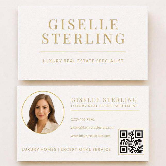 Carte De Visite Photo de code QR or neutre d'agent immobilier  (Créateur téléchargé)