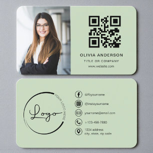 Carte De Visite Photo de code QR vert sauge