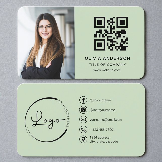 Carte De Visite Photo de code QR vert sauge (Créateur téléchargé)