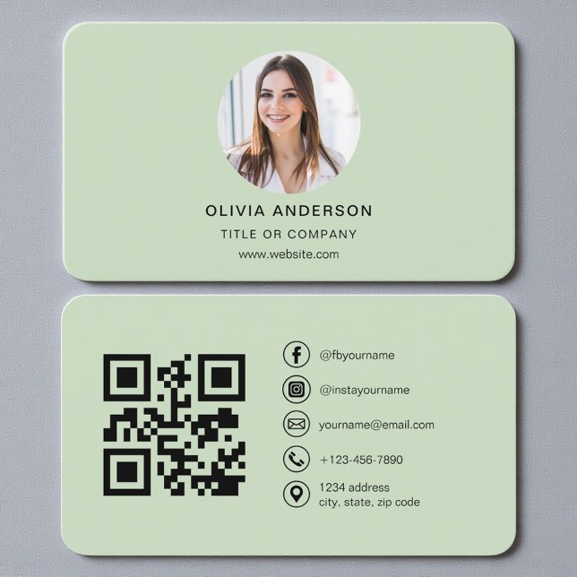 Carte De Visite Photo de code QR vert sauge (Créateur téléchargé)