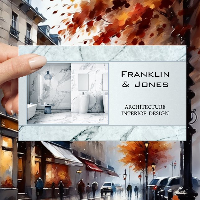 Carte De Visite Photo de conception d'intérieur d'architecte en ma (Business card featuring your photo framed by a modern pastel blue marble style design - architecture)