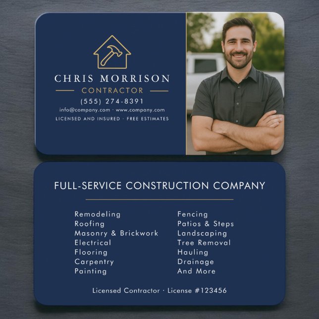 Carte De Visite Photo de construction navale bleu or  (Créateur téléchargé)