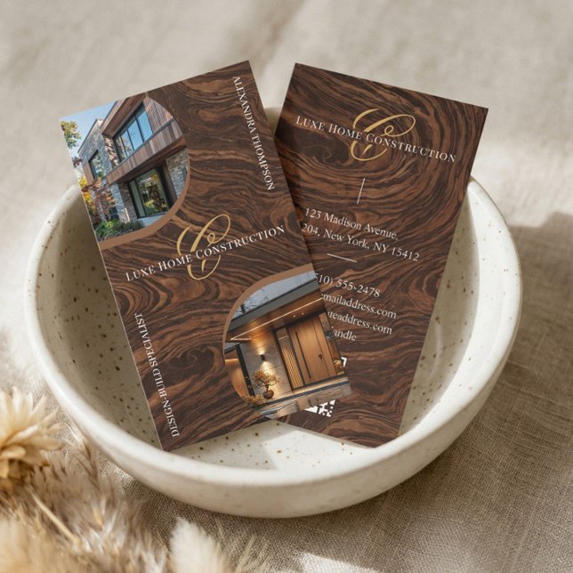 Carte de visite photo de contracteur de luxe avec  (Luxury Woodgrain Monogram Home Contractor Photo Business Card)
