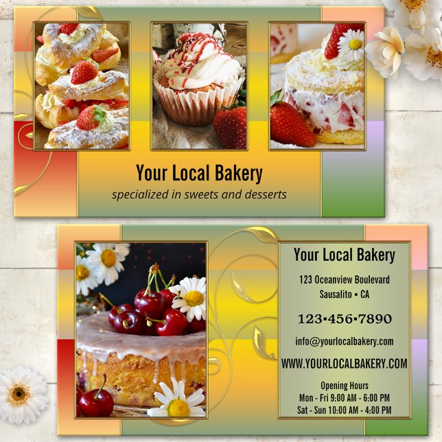 Carte De Visite Photo de dessert de boulangerie sucrée colorée (Bakery photo business card featuring sweet cakes and desserts framed by an artistic colorful design)