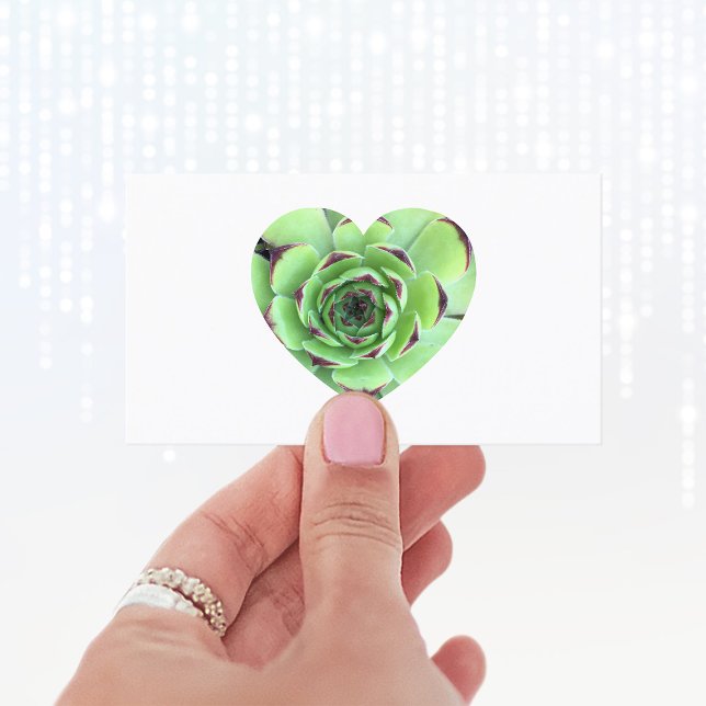 Carte De Visite Photo de forme de coeur de succulente verte (Create your own heart shape photo business cards.)
