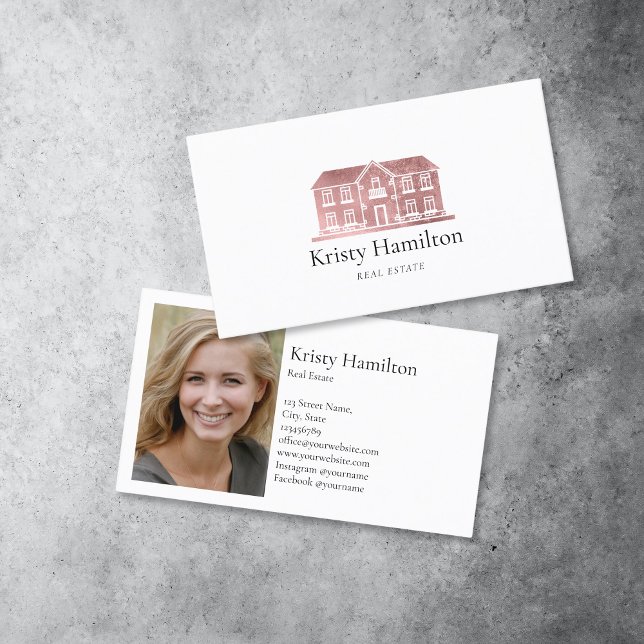 Carte De Visite photo de la maison immobilière professionnelle (elegant rose gold house logo business card for realtors with a photo)