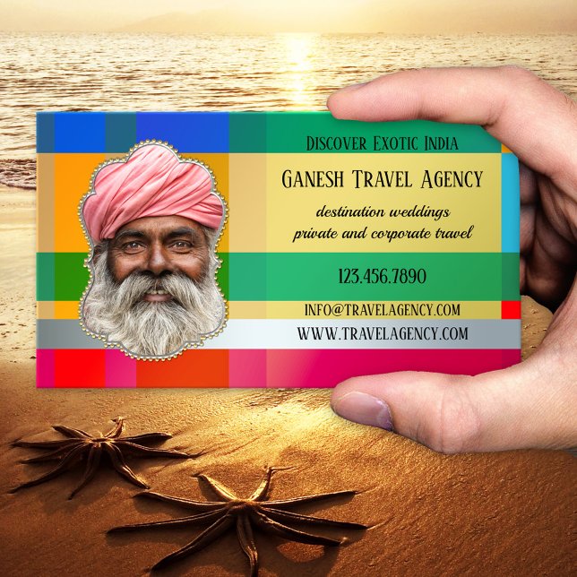 Carte de visite photo de l'agence de voyage Exotic (Eye-catching business card showing a colorful design with silver and gold details - India - travel)