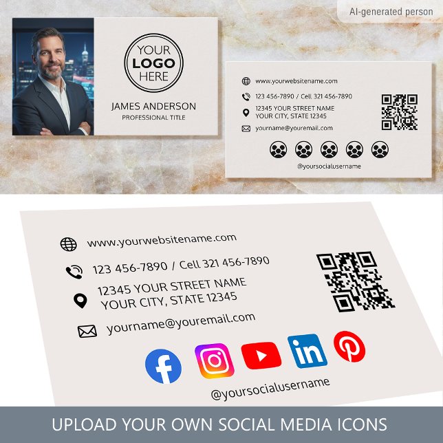 Carte De Visite Photo de logo professionnel Code QR des médias soc (Créateur téléchargé)