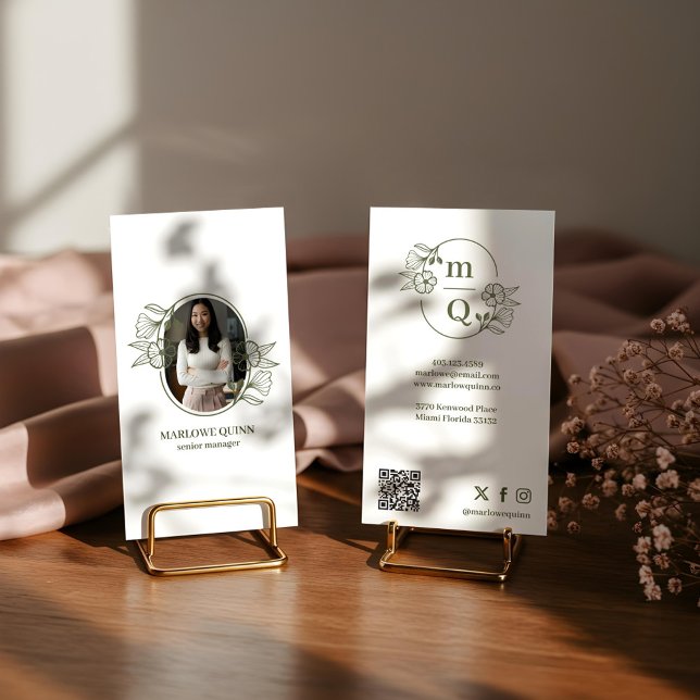 Carte De Visite Photo de marque du logo du Monogramme botanique fl (Floral Botanical Monogram Crest Logo Brand Photo Business Card)