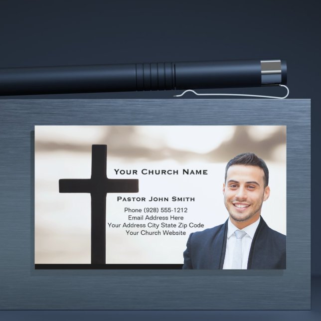 Carte De Visite Photo de pasteur à croix noire sur fond de lever d (Sunrise White Black Cross Pastor Photo Business Card)