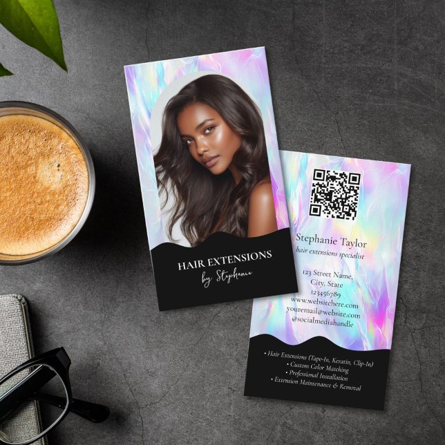 Carte De Visite Photo de perruque d'extensions de coiffeur de luxe (wigs and hair extension hair stylist business cards with holograpgh background)