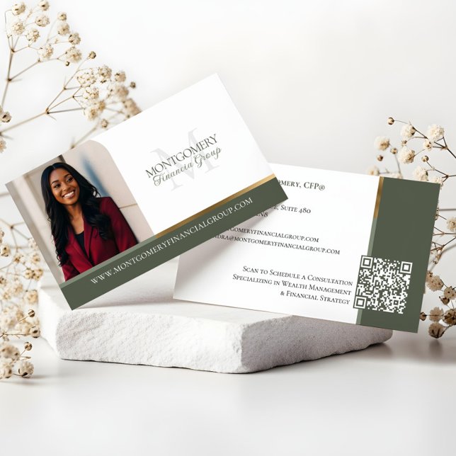 Carte De Visite Photo de professionnel financier à monogramme mini (Minimal Monogram Financial Professional Photo Lux Business Card)