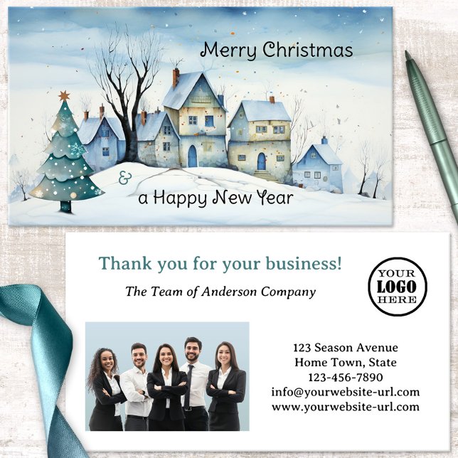 Carte De Visite Photo de vacances de Noël Merci (Business card featuring a whimsical design of a winter landscape with Christmas tree - logo - photo)