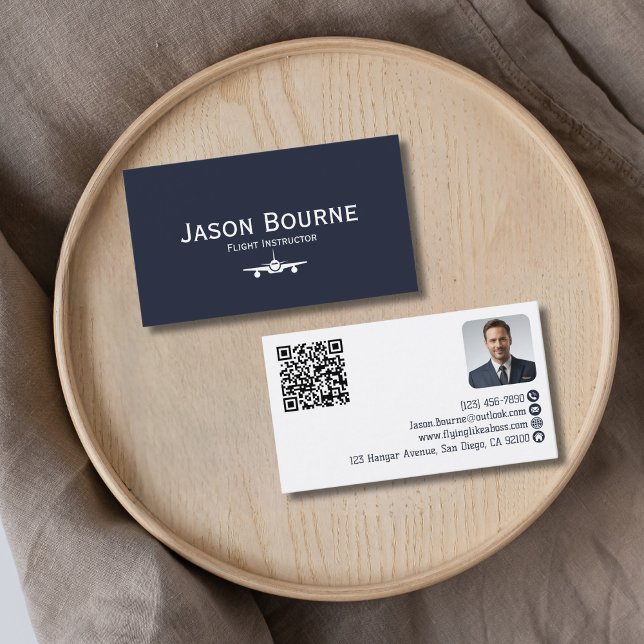 Carte De Visite Photo d'employé professionnel QR Code Blue Aviatio (Créateur téléchargé)