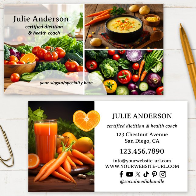 Carte De Visite Photo Dietitian Nutritionist Health Coach (Professional business card for a nutritional therapist or dietitian featuring a custom photo collage)