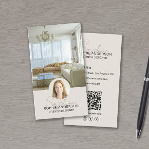 Carte De Visite Photo du concepteur intérieur QR Nom du script Tan
