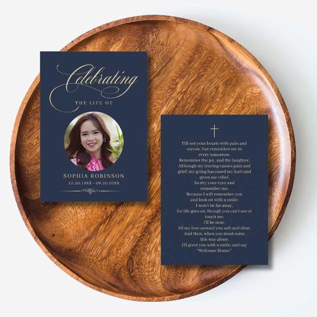 Carte De Visite Photo Elegant Blue Gold Funeral Prayer Cards (Créateur téléchargé)