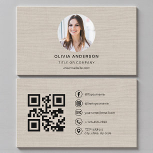 Carte De Visite Photo en lin beige avec code QR pour les médias so