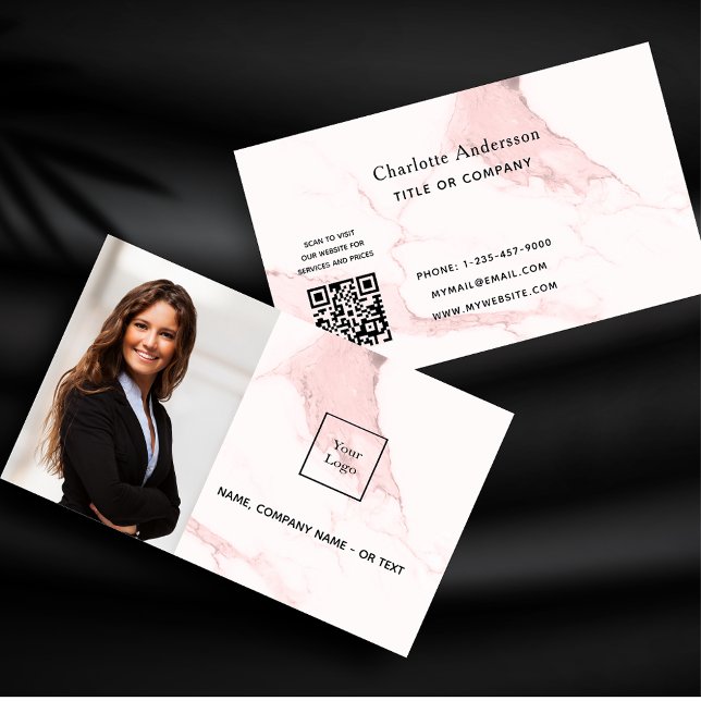 Carte De Visite Photo en marbre rose vif logo code QR (Créateur téléchargé)