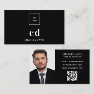 Carte De Visite Photo en noir blanc monogramme logo Qr code