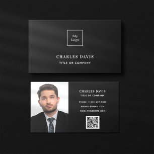 Carte De Visite Photo en noir blanc monogramme logo Qr code